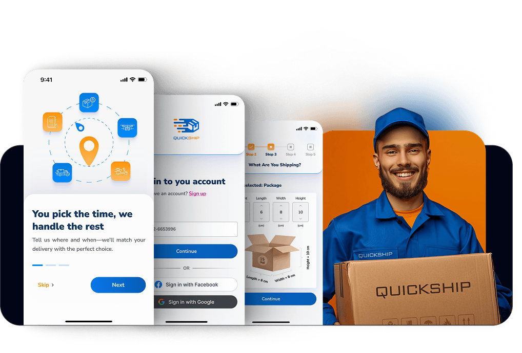QuickShip app mockups showing the smart delivery flow